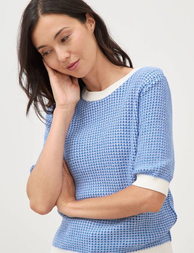 Pull droit court manches courtes bleu electrique femme