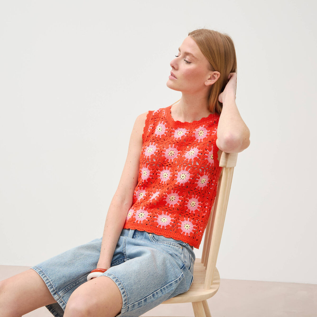 D&eacute;bardeur crochet col rond sans manches orange fonc&eacute; femme