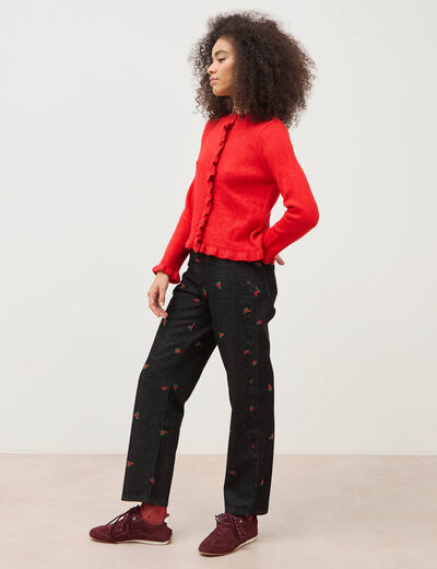 Gilet droit manches longues col rond rouge femme