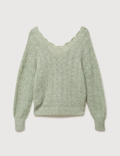 Gilet ajour&eacute; col V manches longues vert pastel femme