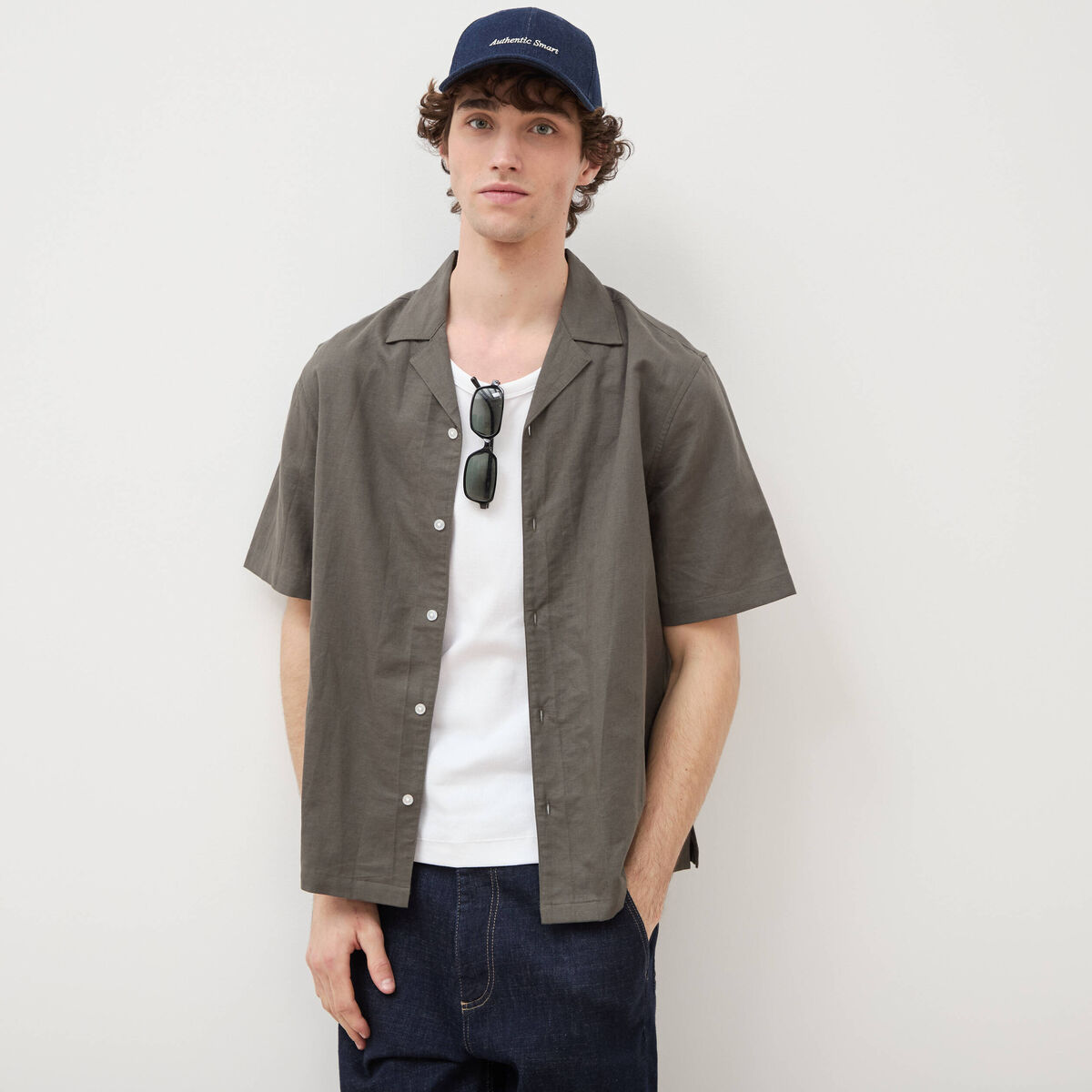 Chemise boyfriend manches courtes vert fonc&eacute; homme