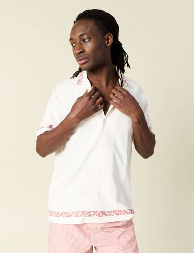 Chemise manches courtes brodée ecru homme