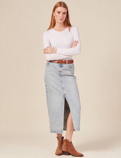 T-shirt ajust&eacute; d&eacute;collet&eacute; manches longues blanc femme