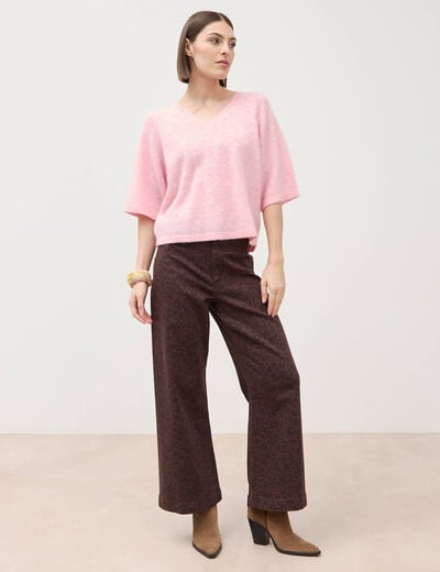 Pull droit col rond manches courtes rose clair femme