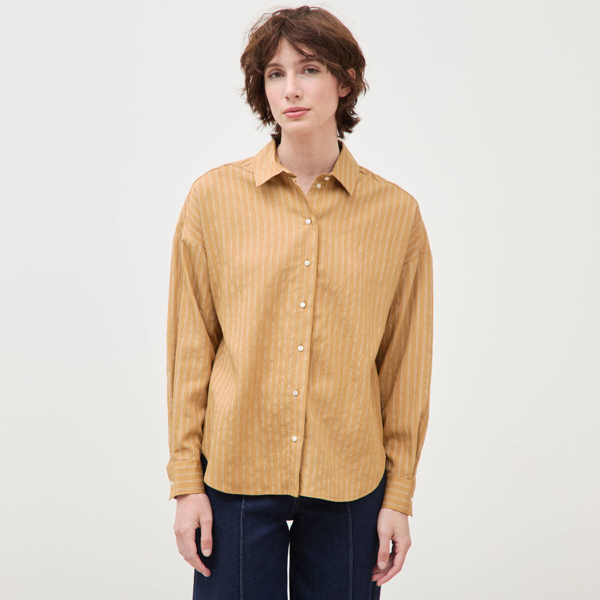 Chemise manches longues fluide camel femme