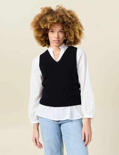 Pull sans manches col en V bleu marine femme
