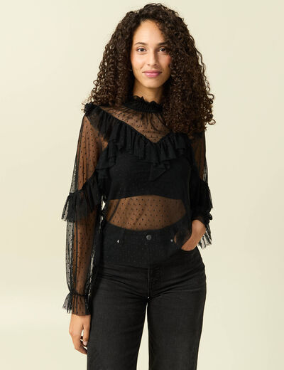 Blouse transparente manches longues noir femme