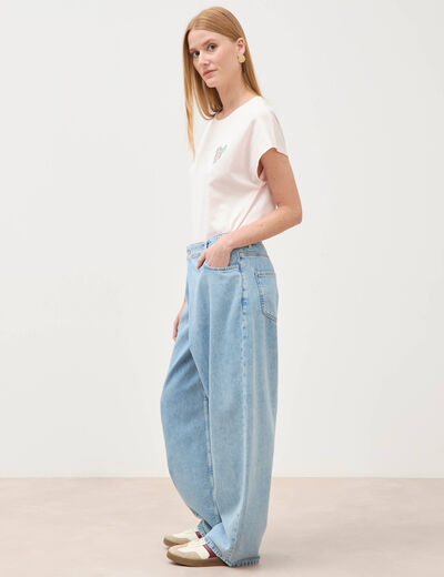 Jeans wide leg cropped taille bascul&eacute;e bleu ciel femme