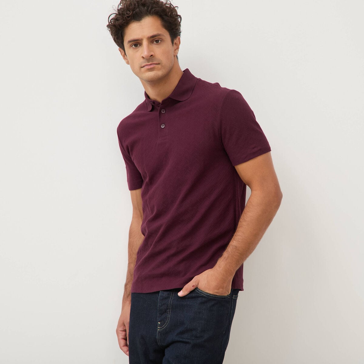 Polo droit en coton manches courtes prune homme