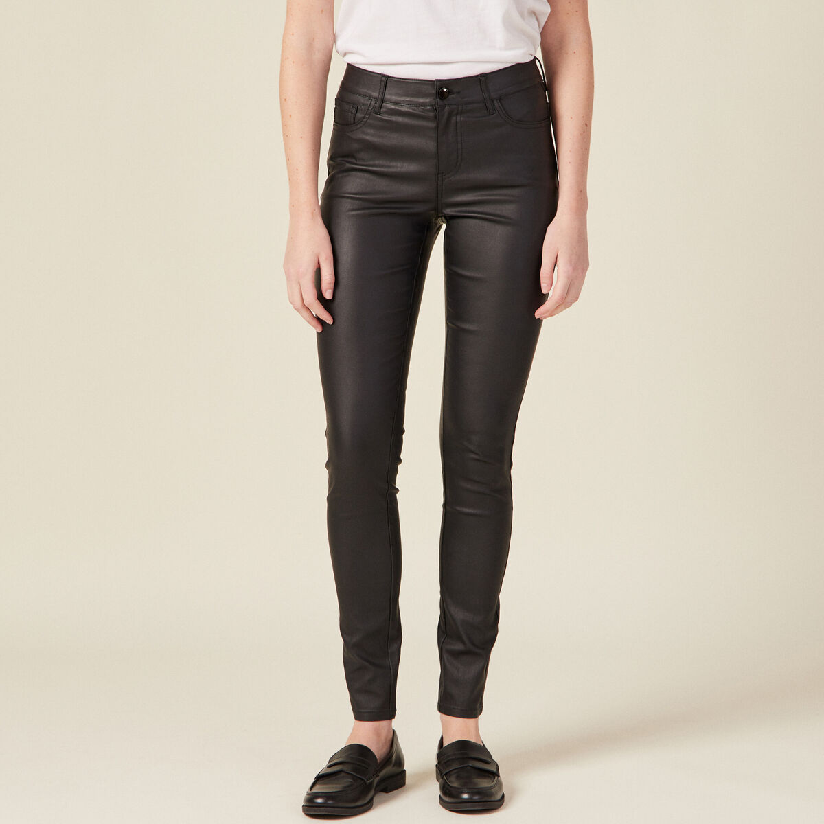 Tregging skinny denim noir enduit femme