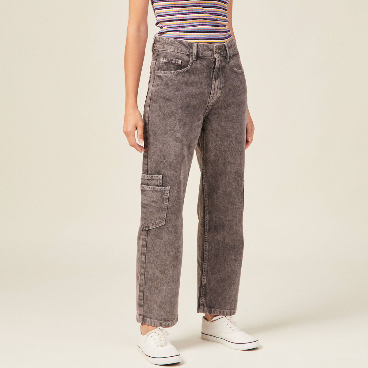 Jeans cargo taille haute noir femme