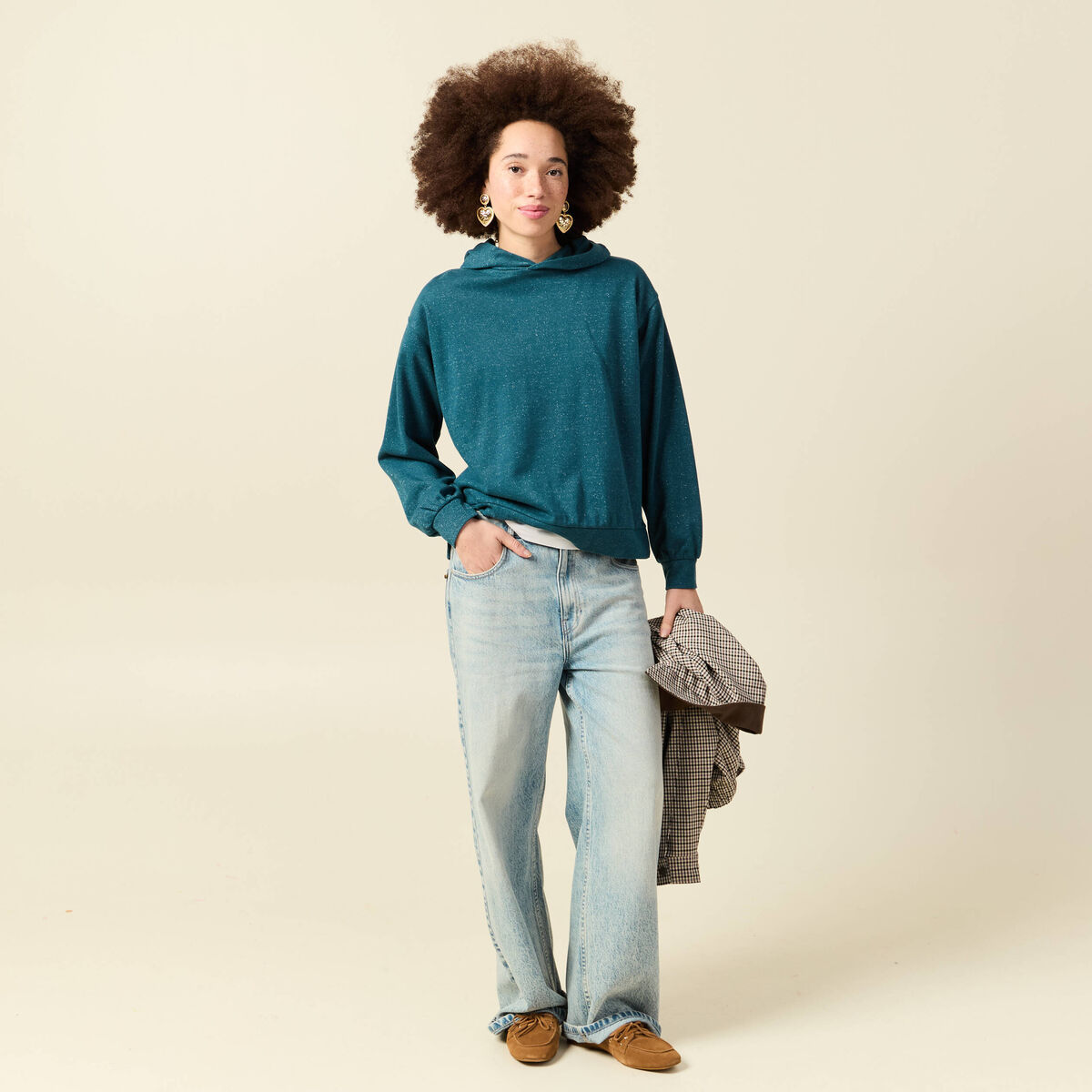 Sweat &agrave; capuche manches longues brillant bleu canard femme