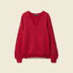 Pull ajouré col V manches longues rouge femme