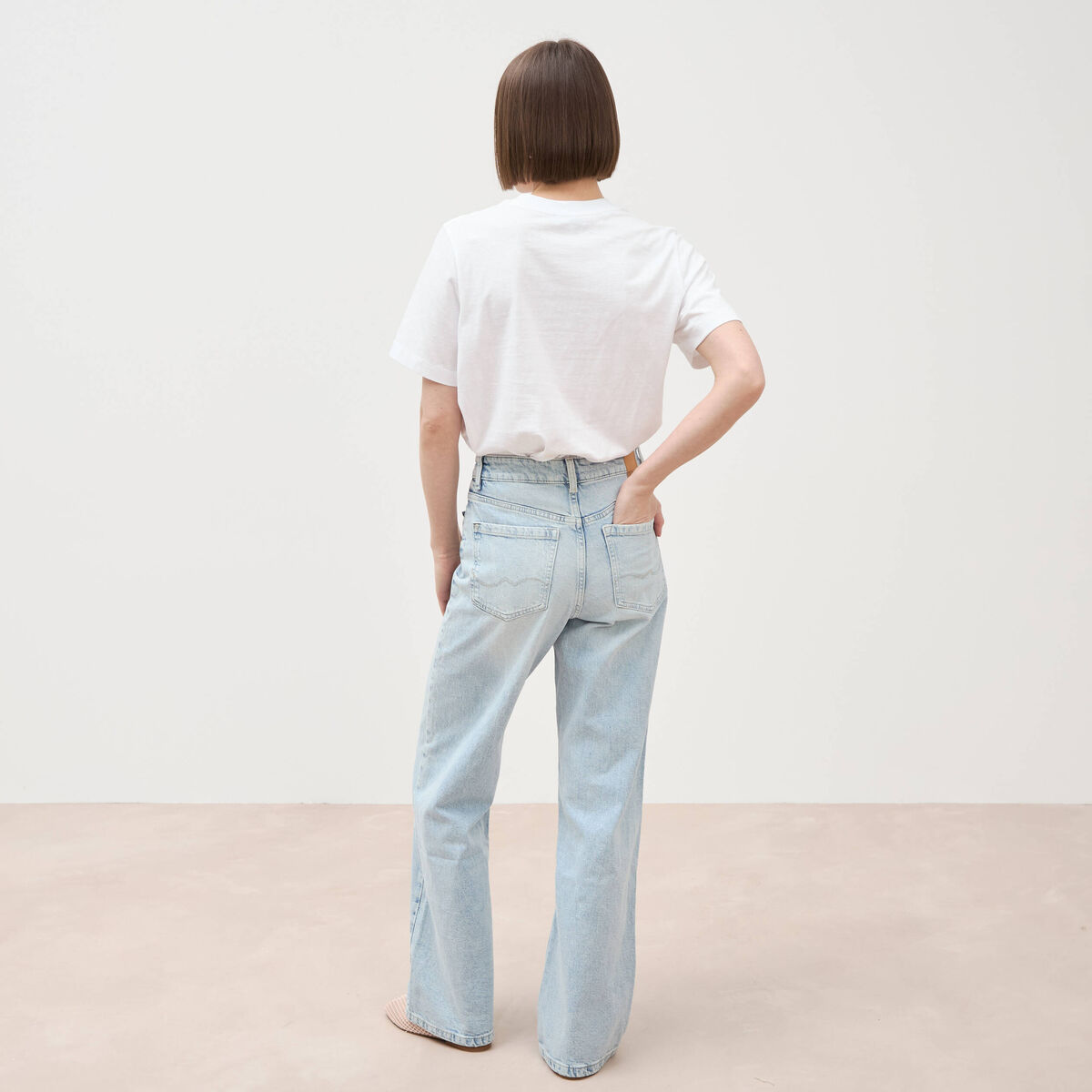 Jeans large taille haute denim bleach femme