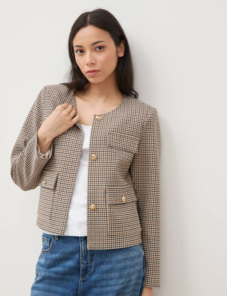 Veste &agrave; carreaux manches longues marron femme