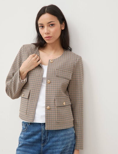 Veste &agrave; carreaux manches longues marron femme
