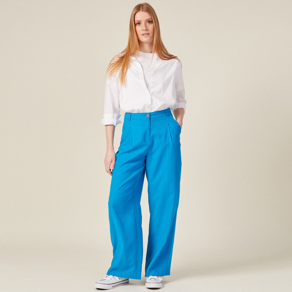 Pantalon large à pinces bleu femme