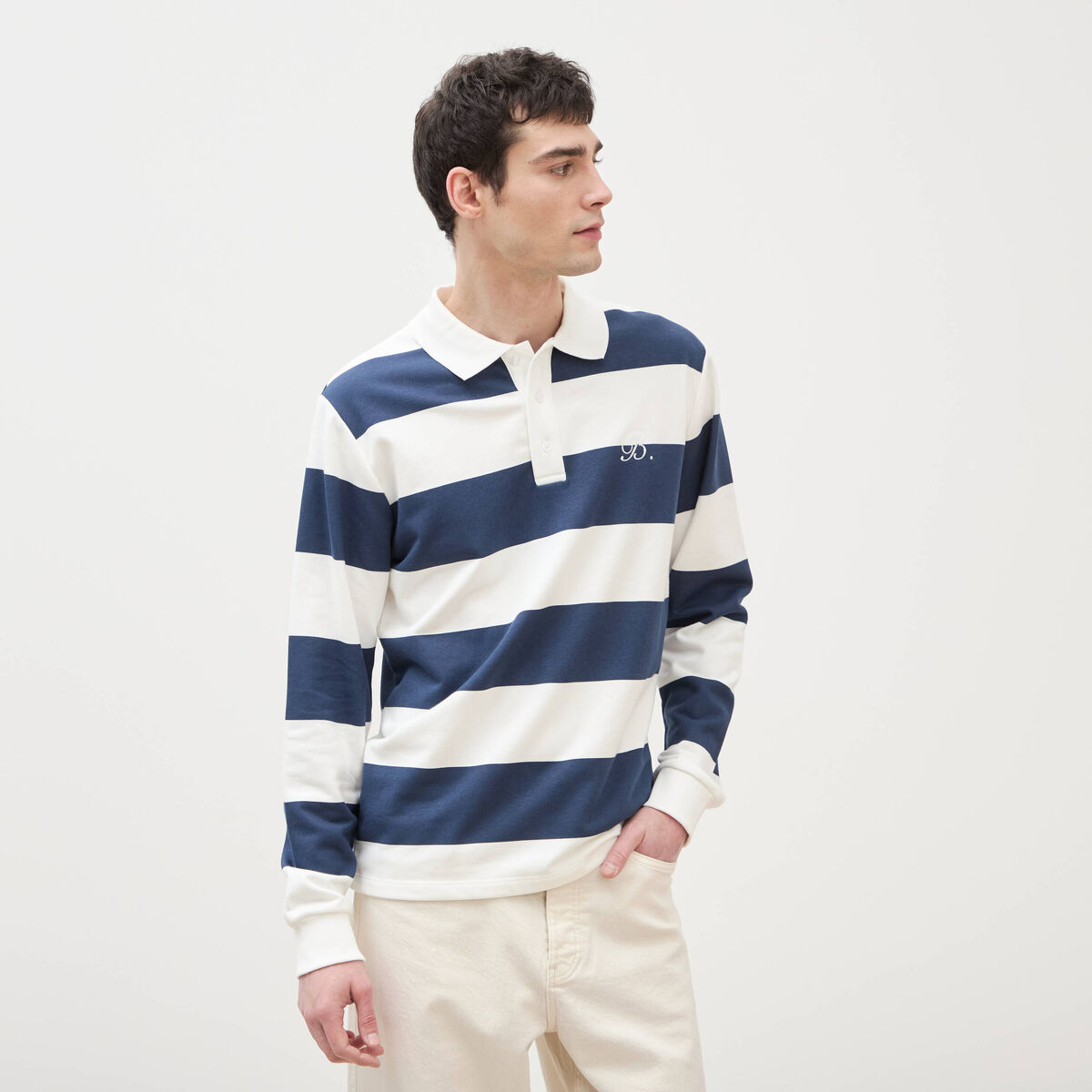Sweat col polo manches longues bleu marine homme