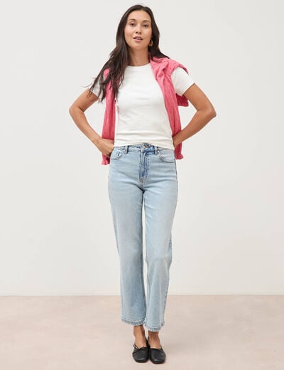 Jeans straight 7/8&egrave;me taille haute denim bleach femme