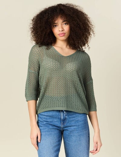 Pull col en V éco-responsable vert kaki femme