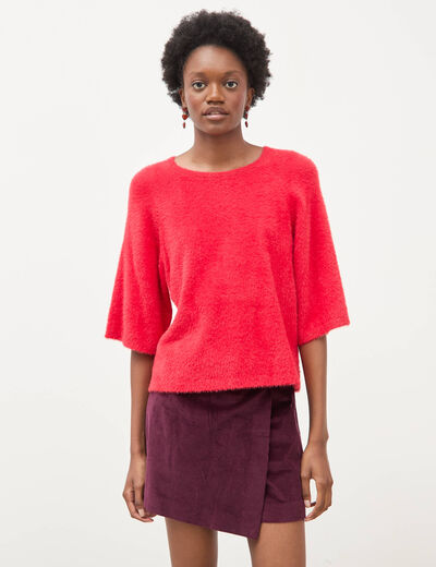 Pull droit manches 3/4 col rond rouge femme