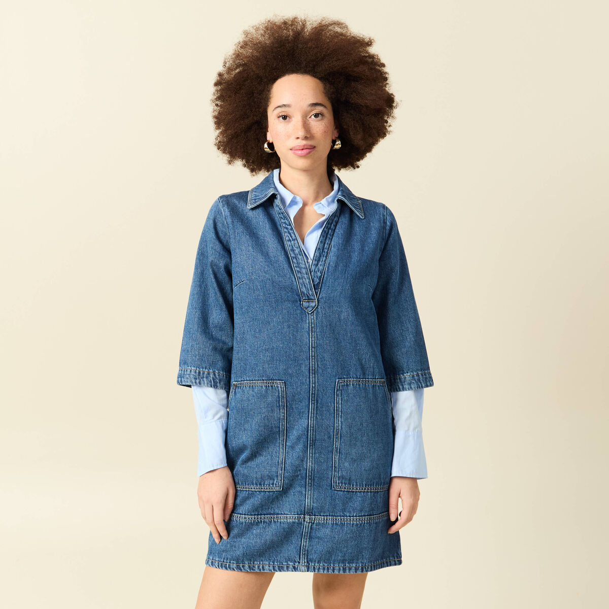 Robe droite courte en coton col v denim stone femme