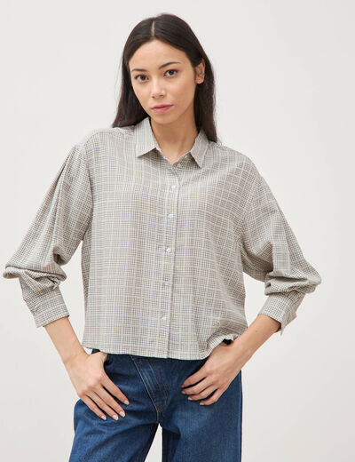 Chemise droite manches longues ray&eacute;e bleu gris femme