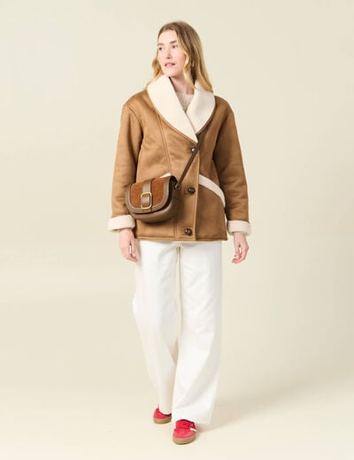 Manteau suédine col châle marron femme