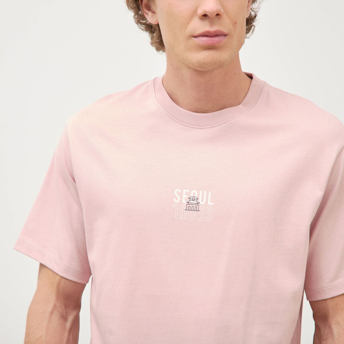T-shirt droit en coton col ras du cou rose pastel homme