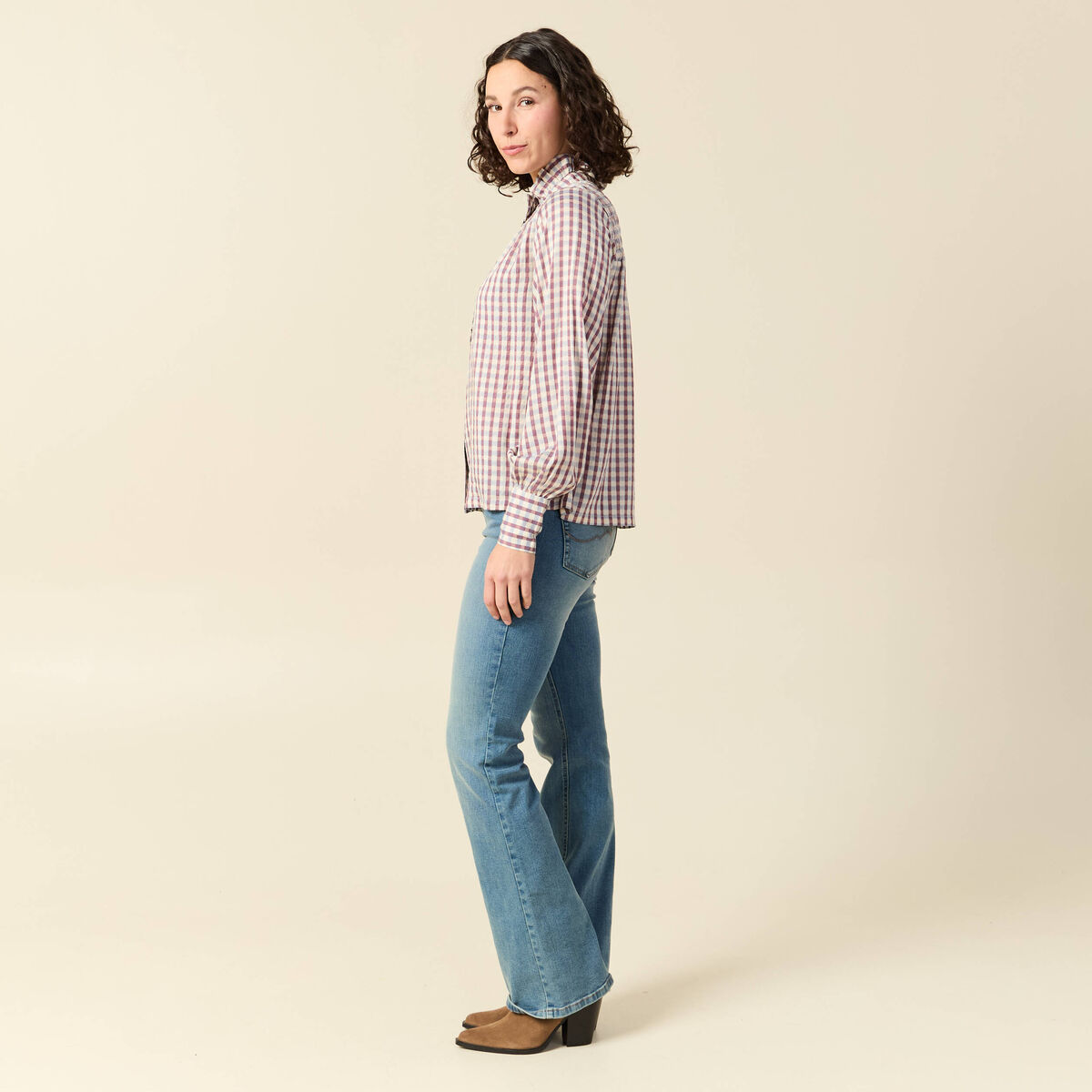 Chemise manches longues col montant marron cognac femme