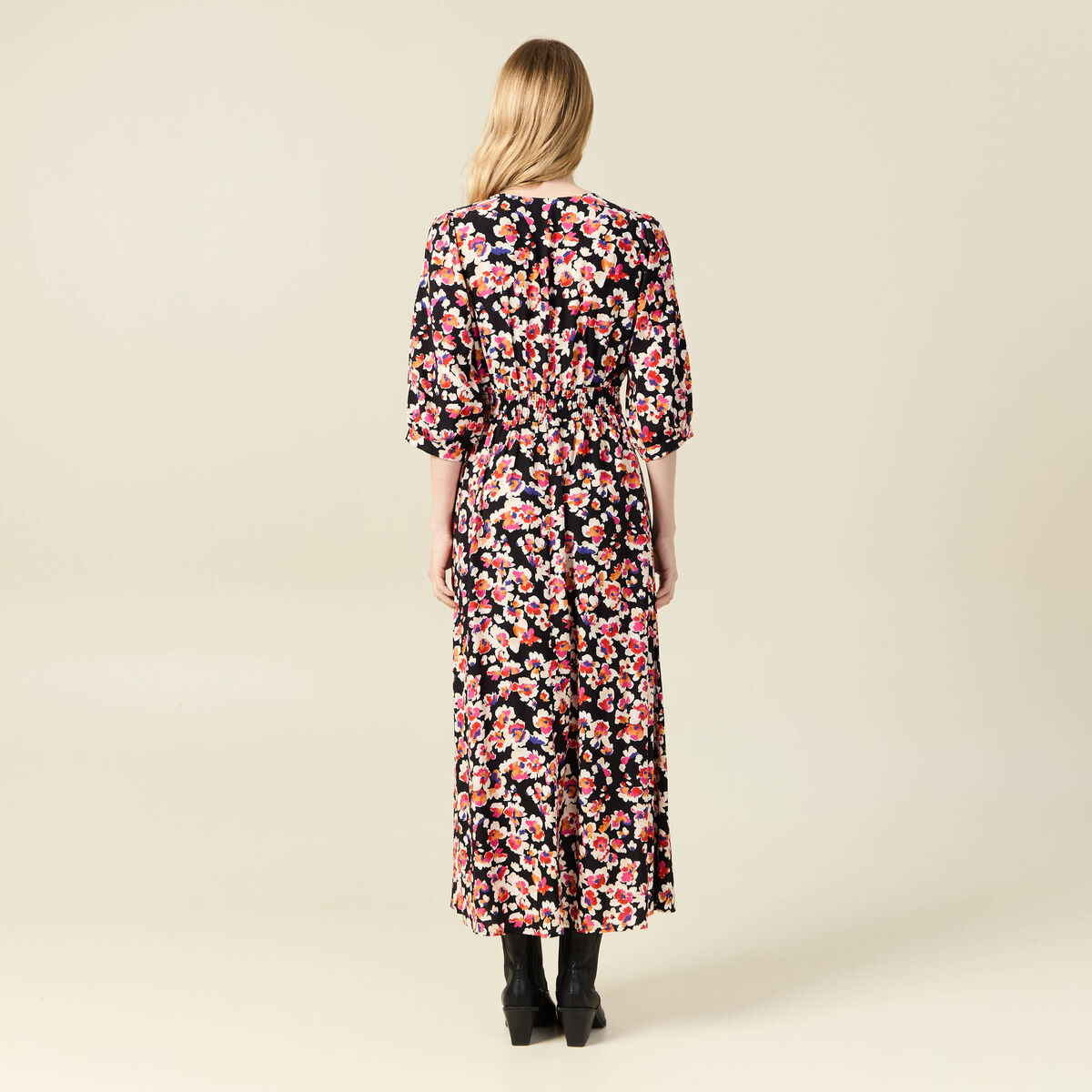 Robe longue évasée fluide noir femme