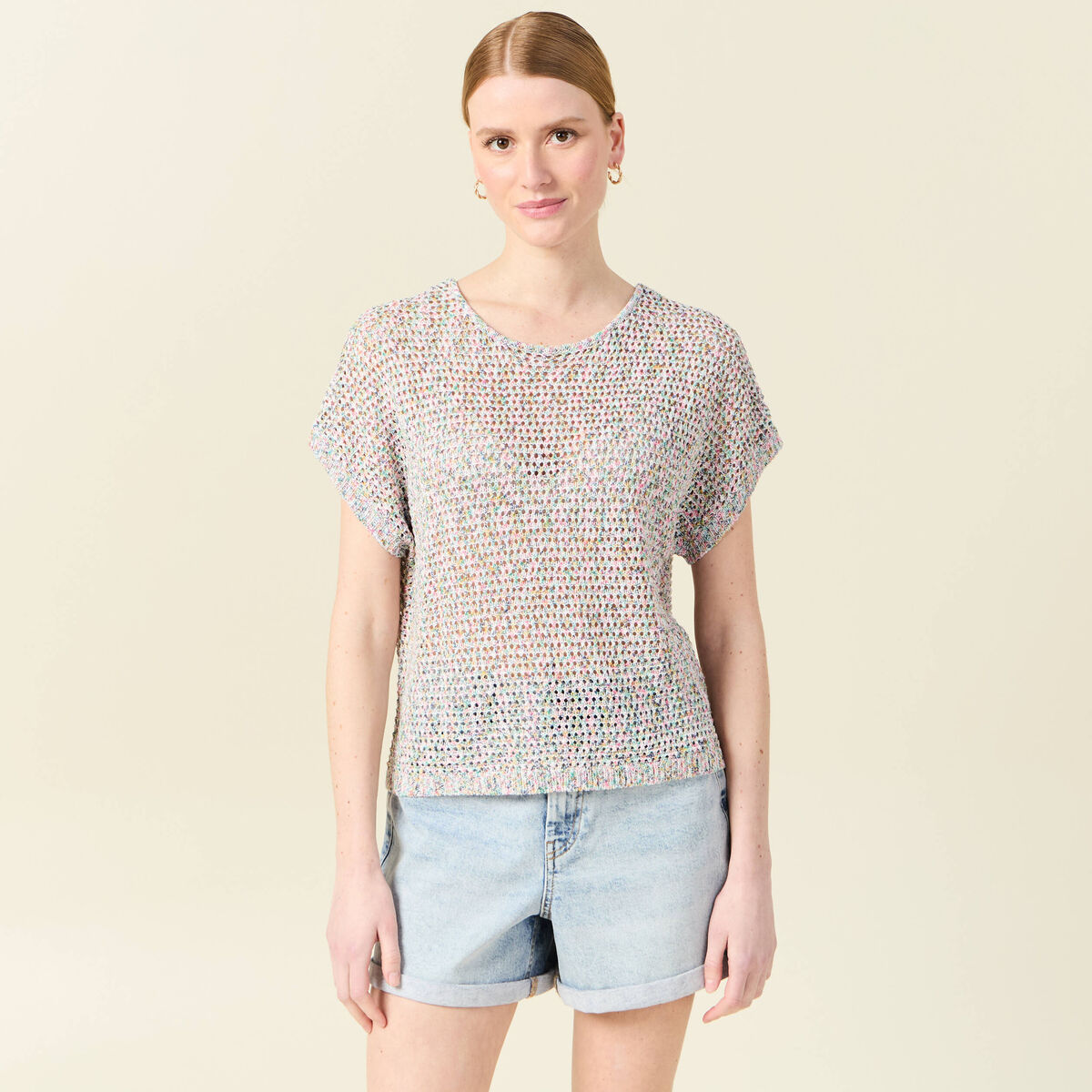 Pull crochet manches courtes vert kaki femme