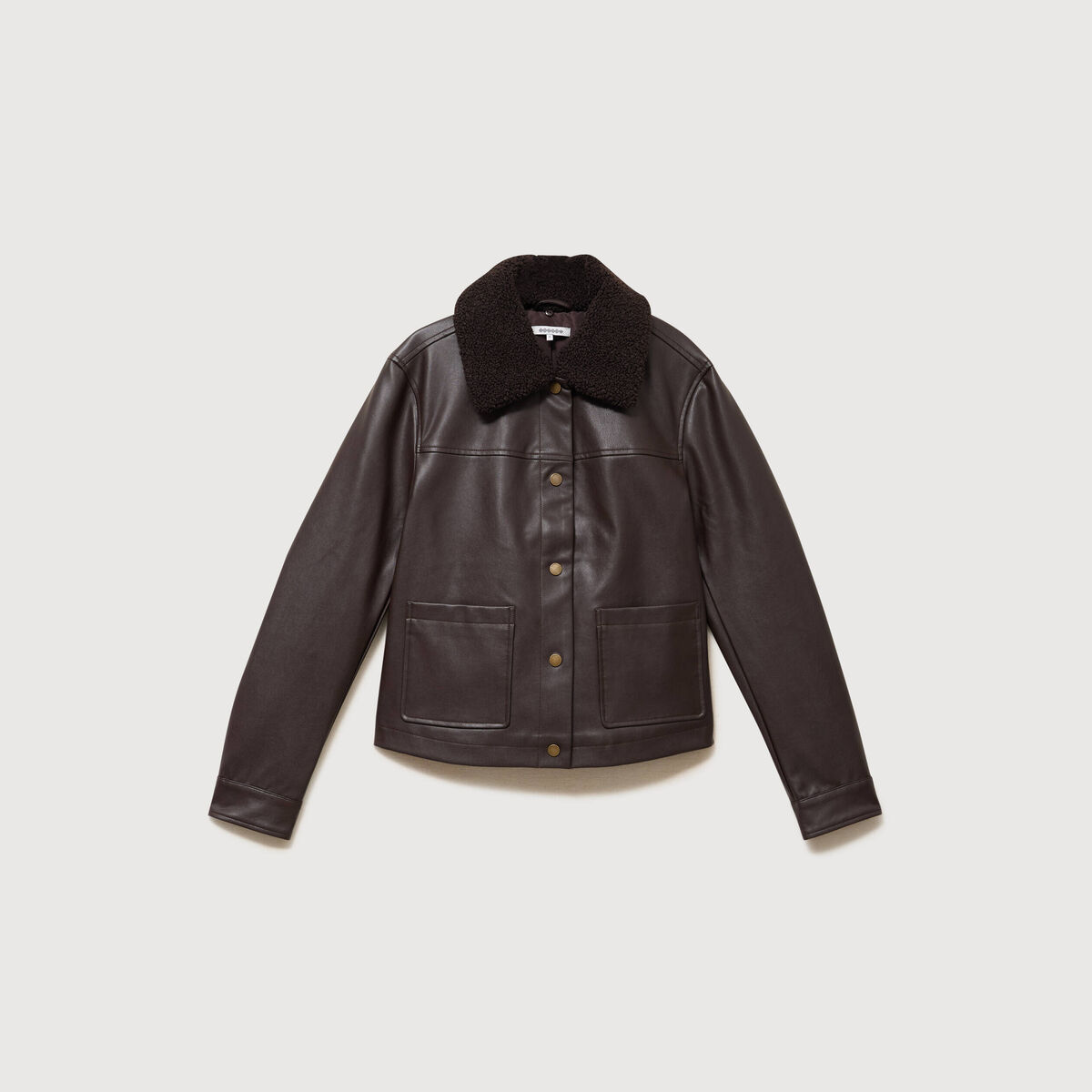 Blouson col sherpa manches longues marron fonc&eacute; femme