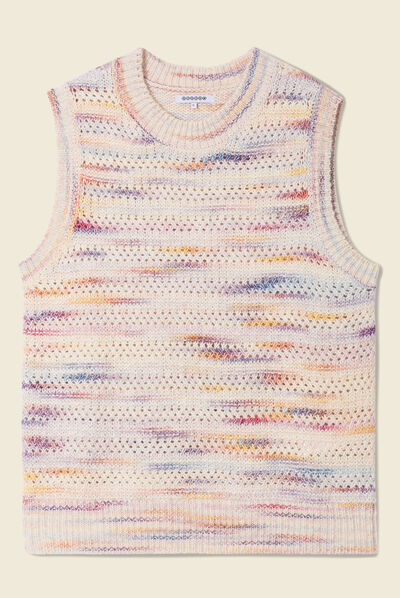 Pull sans manches ajouré creme femme