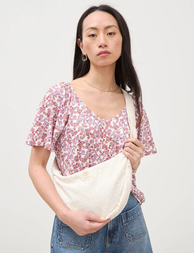 Sac bandouli&egrave;re en coton doubl&eacute; creme femme
