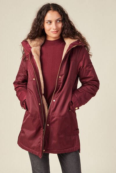 Parka droite à capuche prune femme
