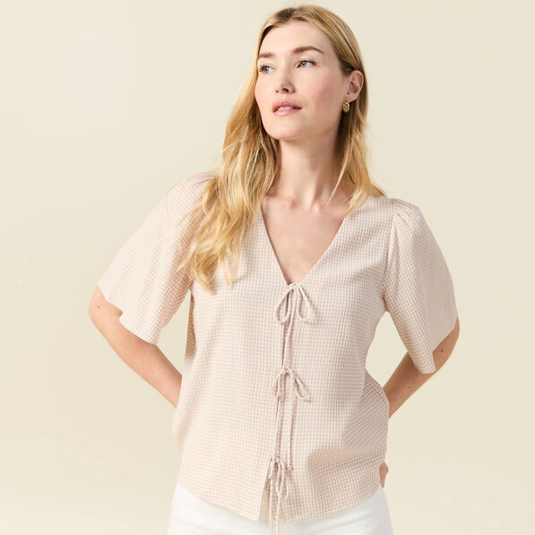Blouse manches courtes nouée marron clair femme