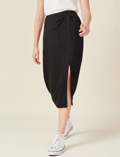 Jupe midi droite fendue satin noir femme