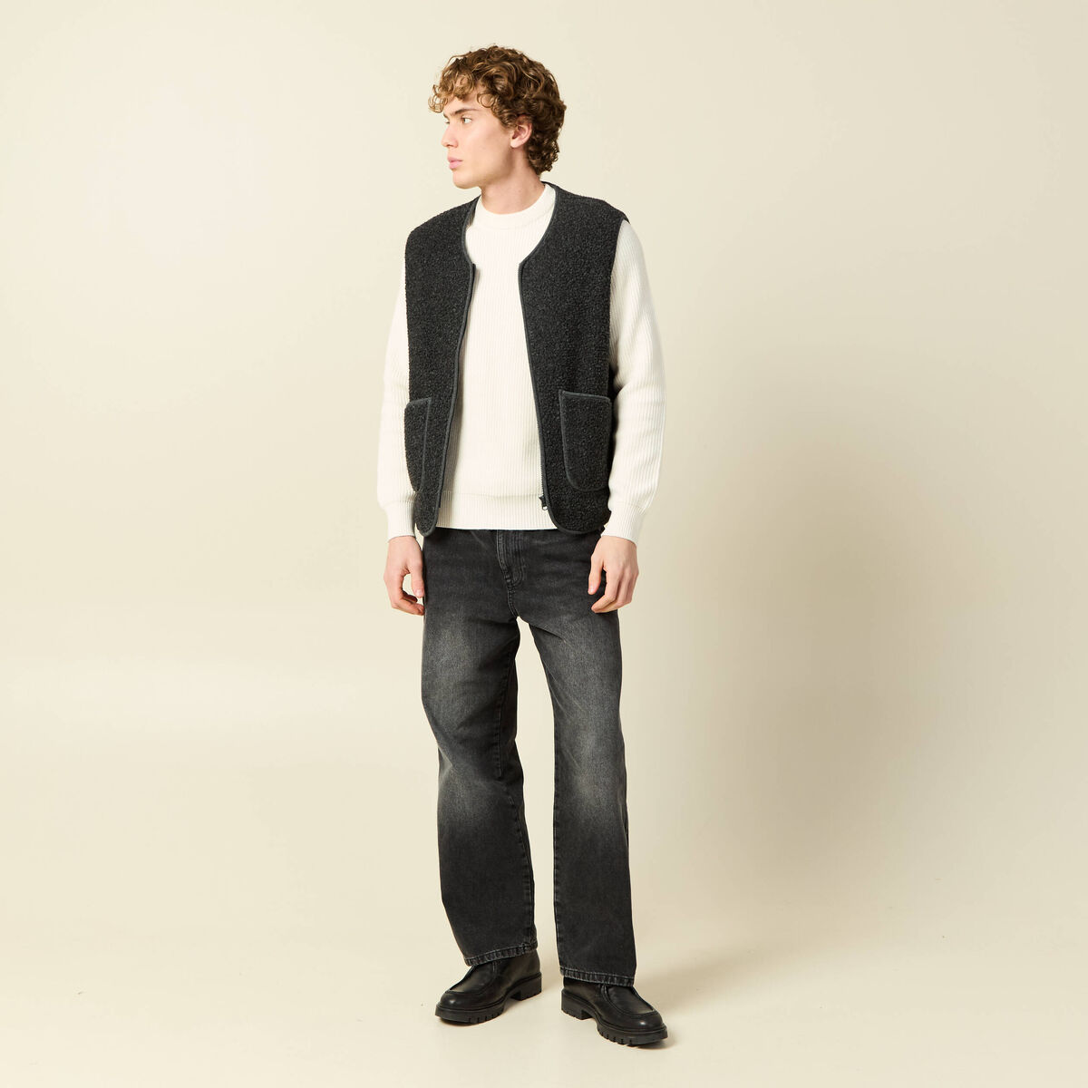 Pull fin manches longues col rond ecru homme