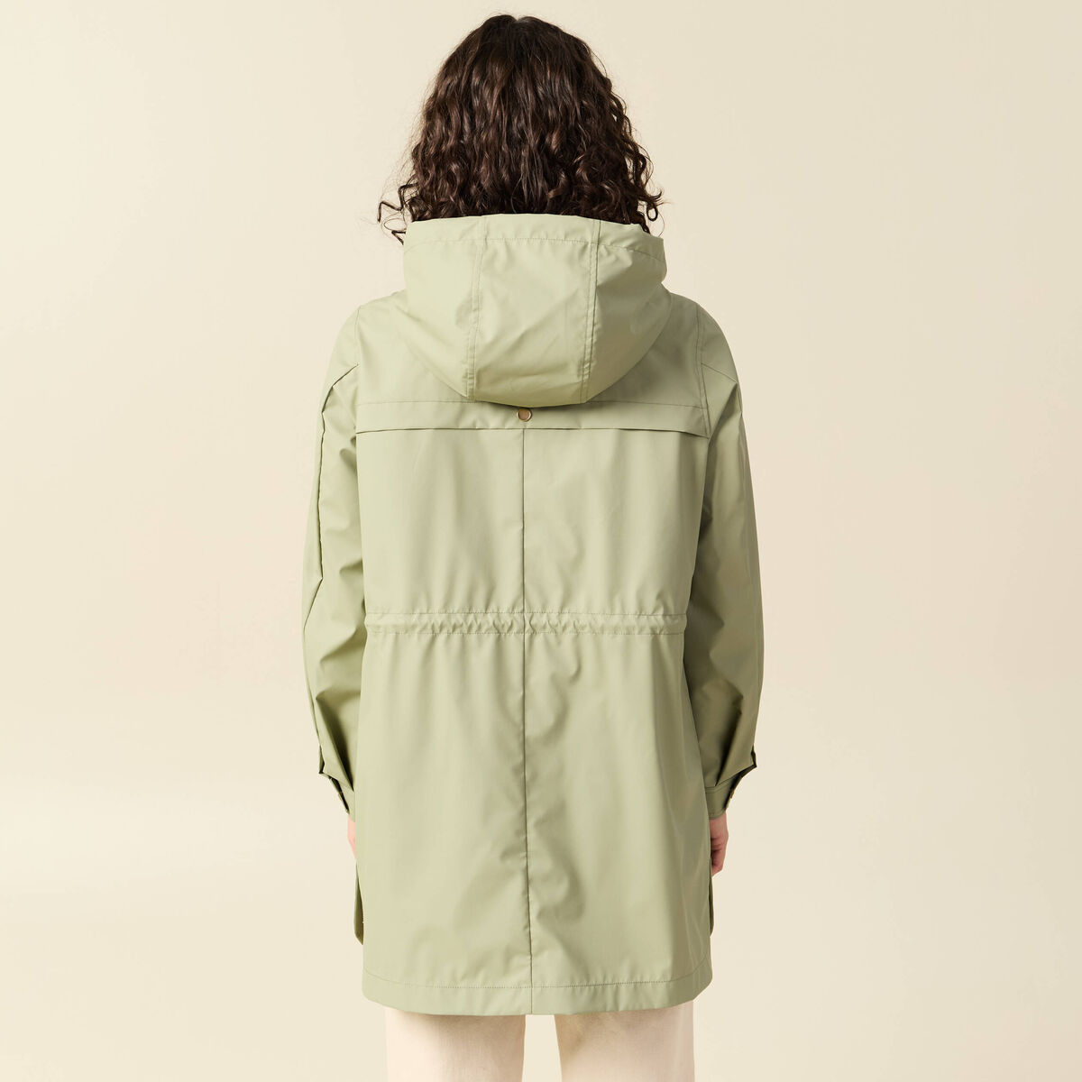 Parka longue droite d&eacute;perlante &agrave; capuche vert kaki femme