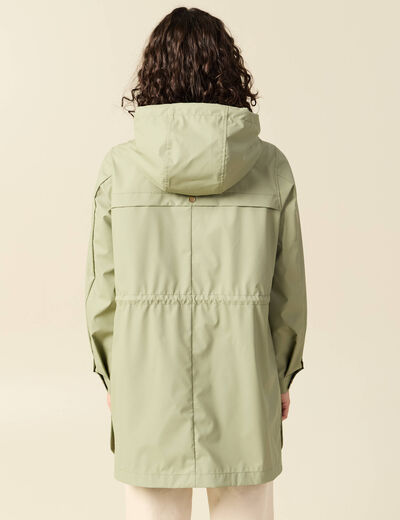 Parka longue droite d&eacute;perlante &agrave; capuche vert kaki femme