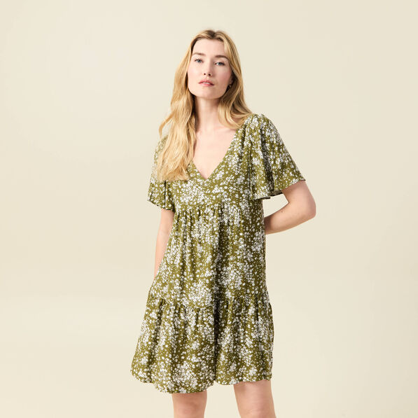 Robe évasée manches courtes vert olive femme