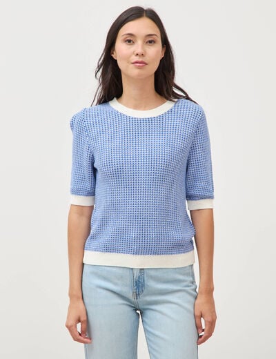Pull droit court manches courtes bleu electrique femme
