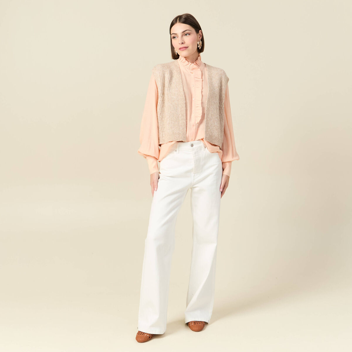 Chemise manches longues col montant rose champagne femme