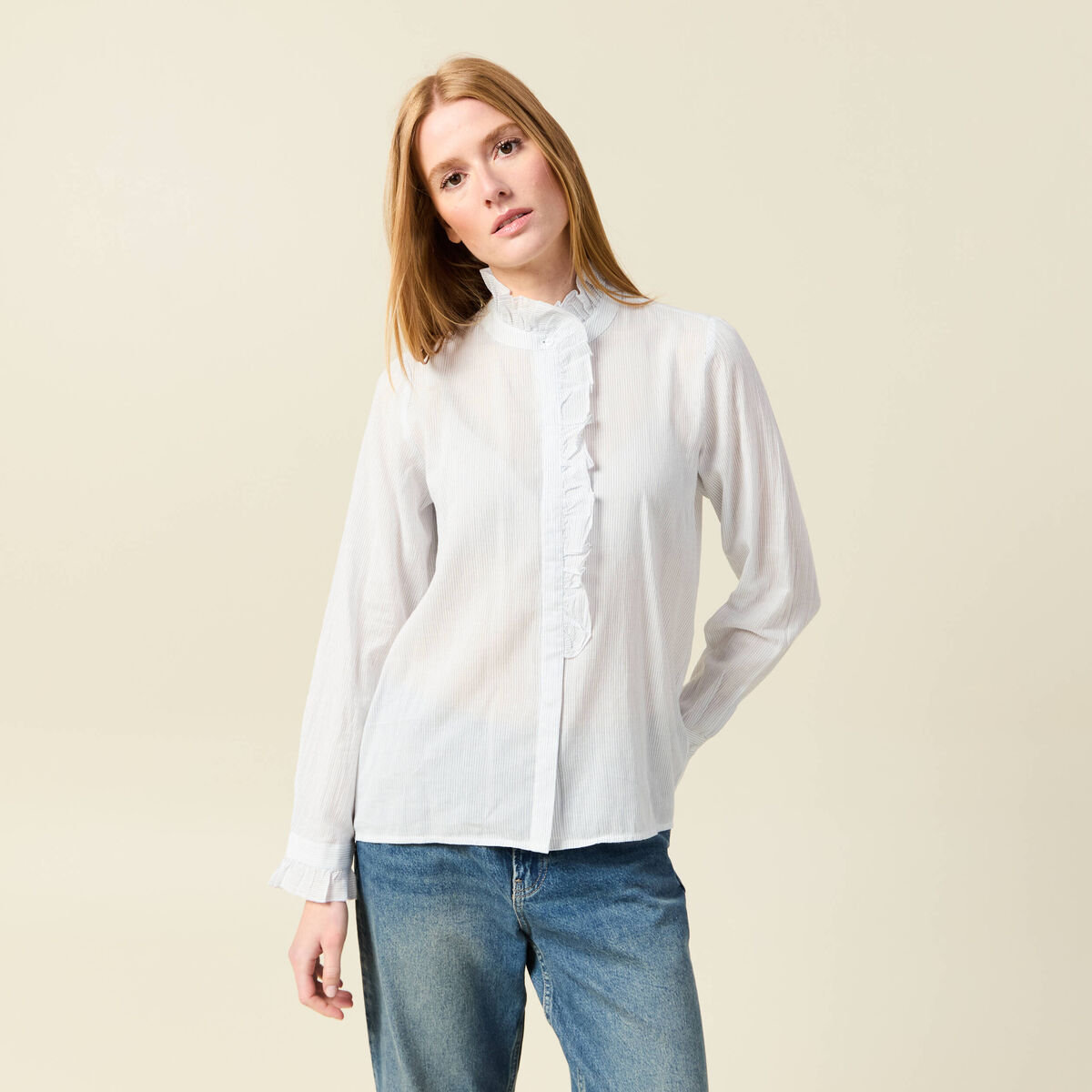Chemise manches longues en coton blanc femme