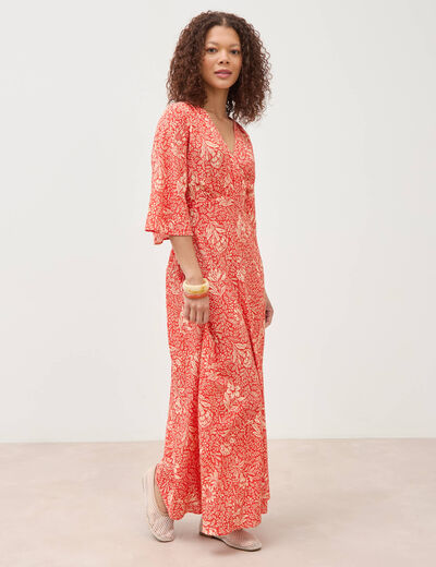 Robe col v manches longues rouge corail femme