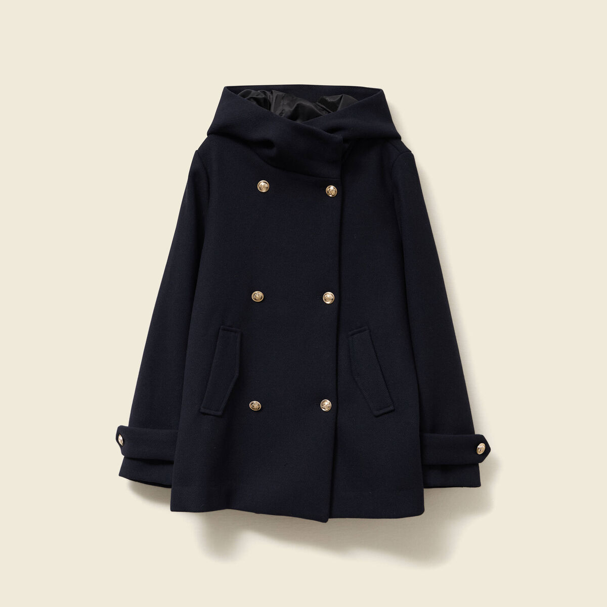 Caban oversize court &agrave; capuche bleu fonc&eacute; femme