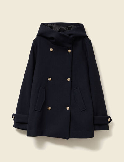 Caban oversize court &agrave; capuche bleu fonc&eacute; femme