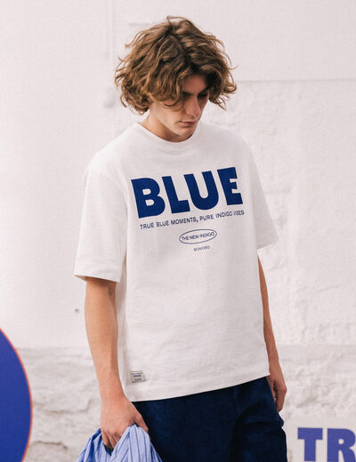 T-shirt print&eacute; en coton manches courtes ecru homme