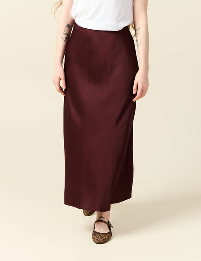 Jupe longue droite satin bordeaux femme